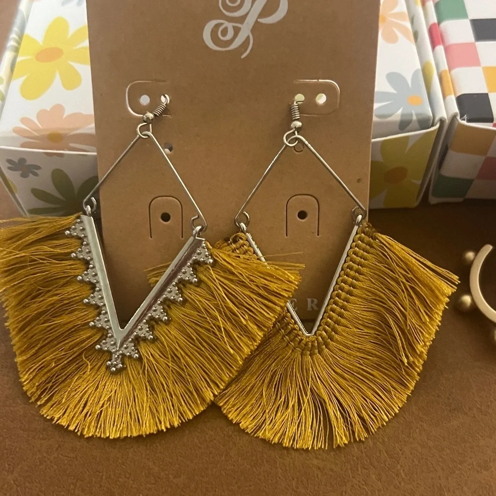 Plunder Design Yellow Fringe and Gold Hoop Earrings - Picture 2 of 6